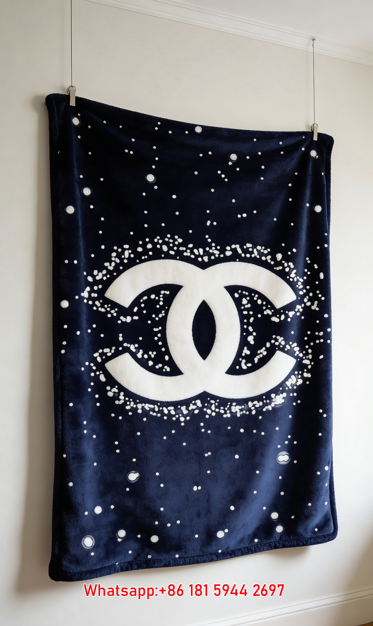 Navy Snowflake Chanel Logo Flannel Throw Blanket  Chanel Inspired Winter Wall Decor IMG_7274